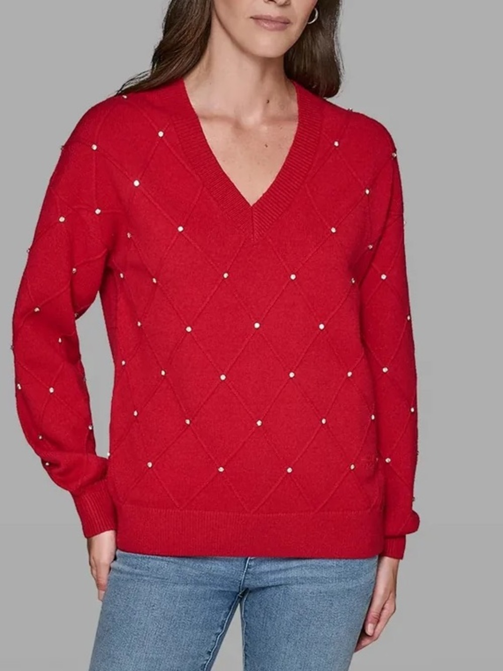 NWT Karl Lagerfeld Red V-Neck Diamond Pattern Sweater Size L